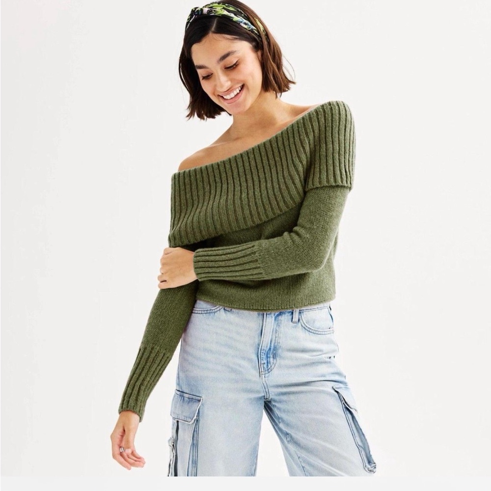 SO Olive Off-Shoulder Sweater